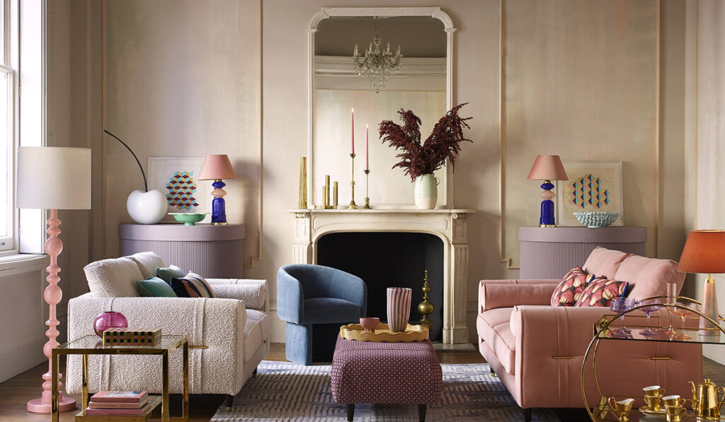 LEAD Ted Baker Highgate 4 Seater Sofa in Blush Primrose Velvet available exclusively at DFS