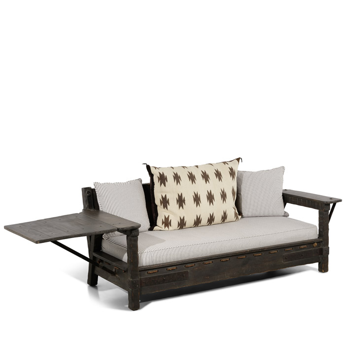 A Monterey Iron and Rope Mounted Old Stained Wood Settee with Hinged Side estimated at 1000 –1500