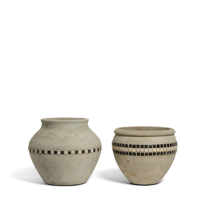 TWO CALIFORNIA HILLSIDE POTTERY BLACK AND WHITE SQUARE TILE INSET CEMENT PLANTERSLos Angeles 20th century