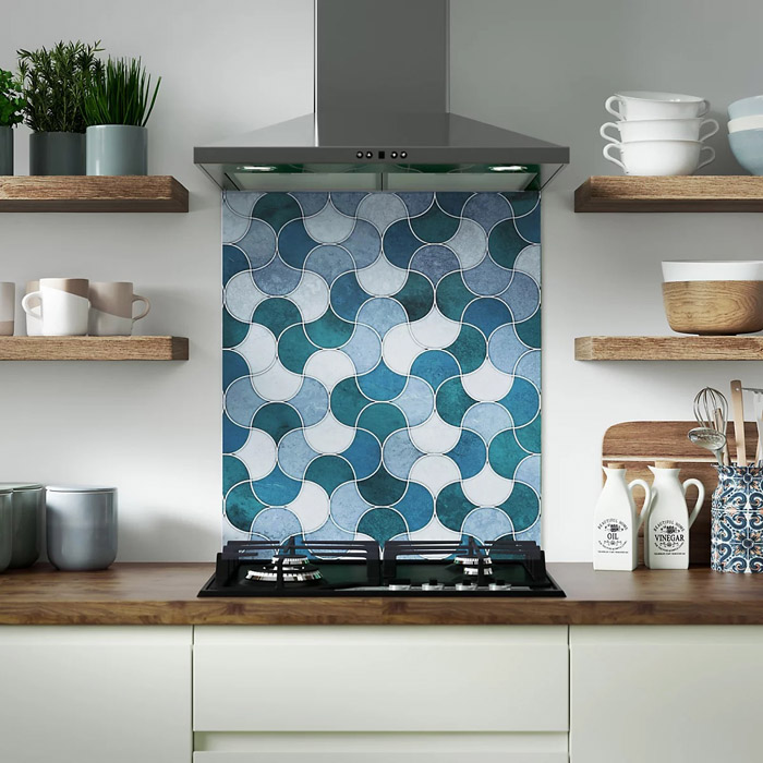Red hot glamour takes centre stage in kitchen design 3 BQ splashwall blue scallop tile aluminium splashback h 800mm w 600mm t 4mm5055286014772 01i bq